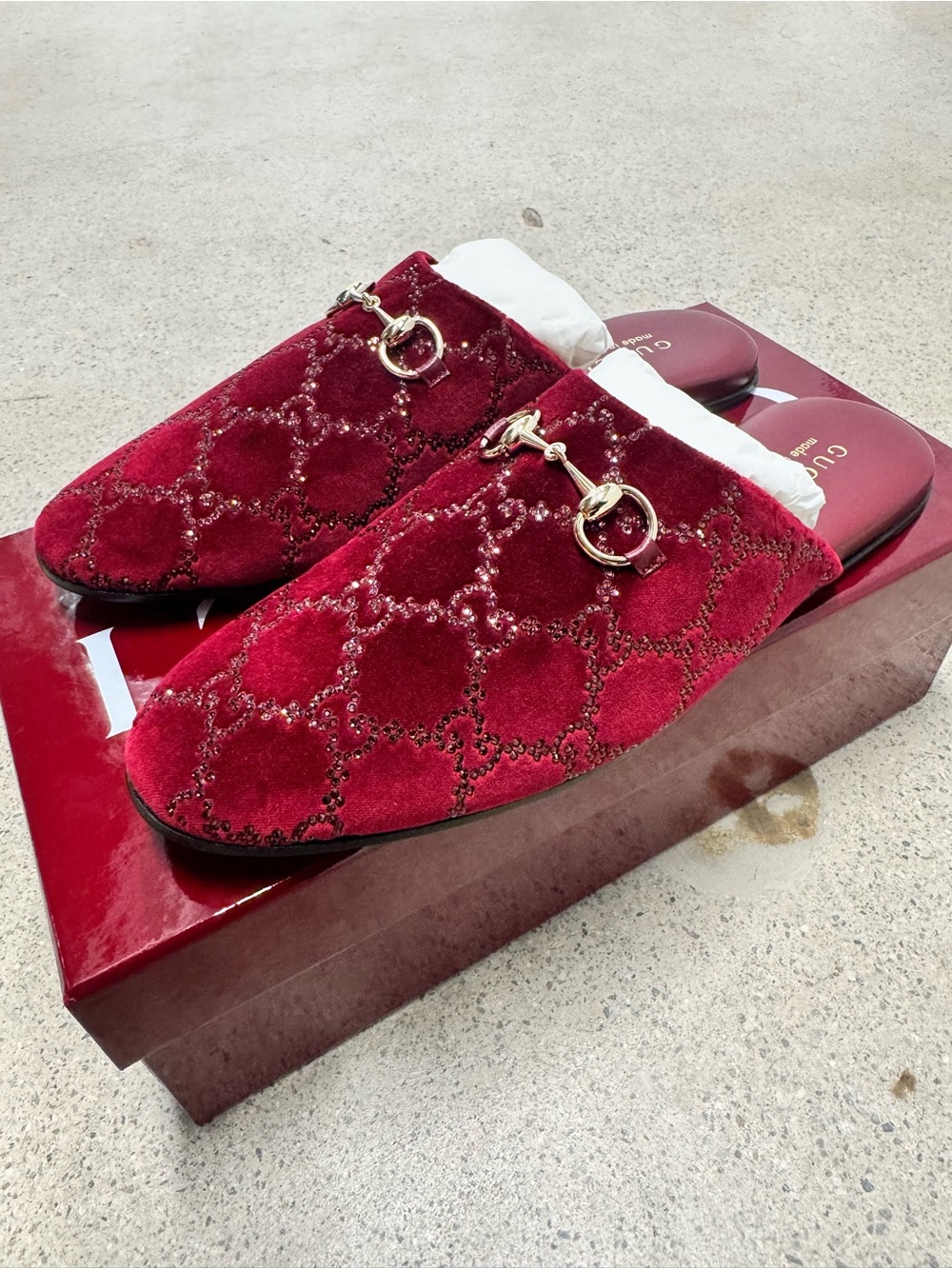 Gucci Horsebit GG Crystal Velvet Princetown Mules Red Size 39.5